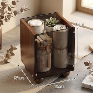 Wooden Makeup Organizer with Smoked Acrylic - Luxury Vanity Storage for Brushes, Skincare & Perfume - Aesthetic Bathroom Countertop Decor