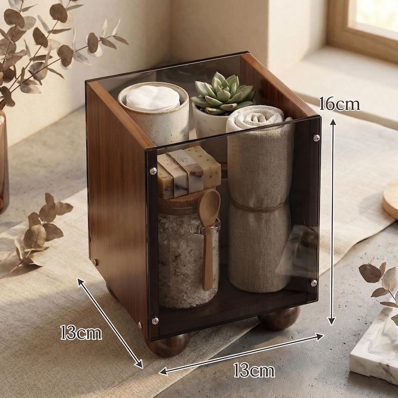 Wooden Makeup Organizer with Smoked Acrylic - Luxury Vanity Storage for Brushes, Skincare & Perfume - Aesthetic Bathroom Countertop Decor