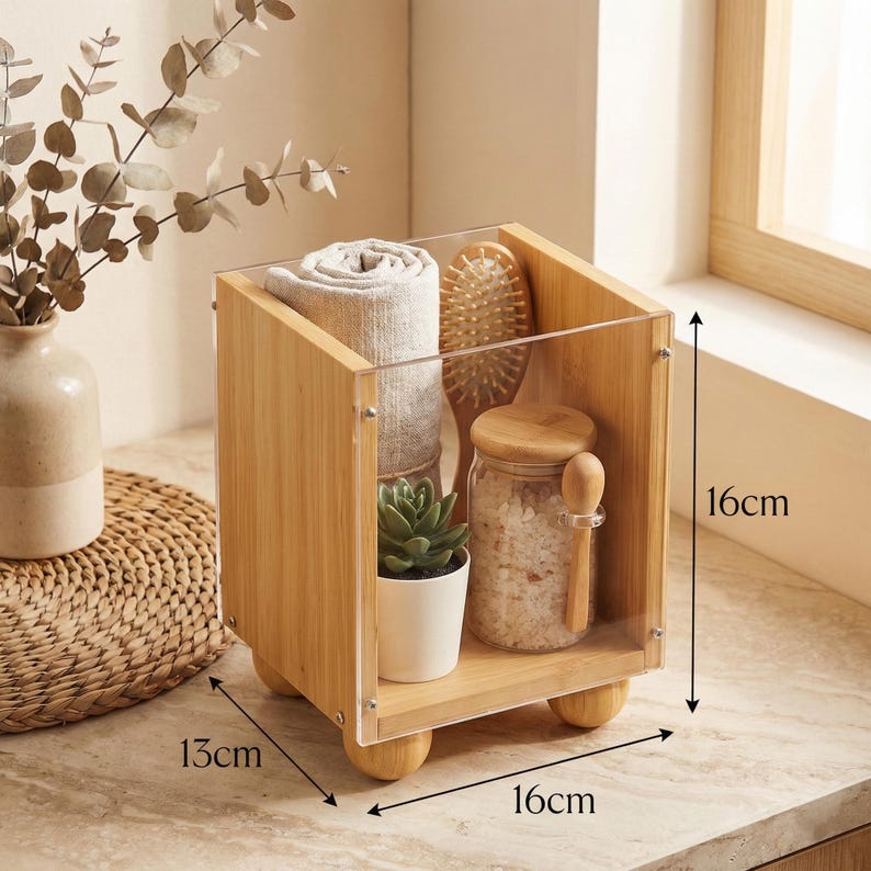 Wooden Makeup Organizer with Smoked Acrylic - Luxury Vanity Storage for Brushes, Skincare & Perfume - Aesthetic Bathroom Countertop Decor