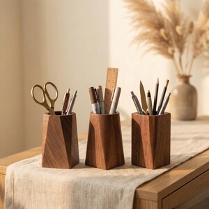Geometric Black Walnut Pen Holder | Minimalist Solid Wood Desk Organizer | Modern Wooden Pencil Cup | Aesthetic Office Desktop Decor