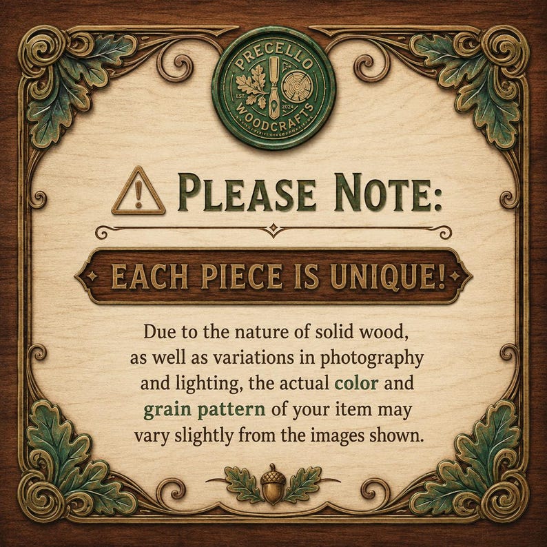 May include: Wooden sign with the text "PLEASE NOTE: EACH PIECE IS UNIQUE!" framed by ornate, dark brown and green leaf designs. The Precello Woodcrafts logo is at the top. The sign's background is light wood.