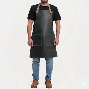 以下が含まれることがあります： 黒い革のエプロン。前面に2つのポケットと、明るい茶色の革ストラップが付いています。黒いTシャツとジーンズを着た人が着用しています。キッチンやワークショップでの使用向けに設計されています。