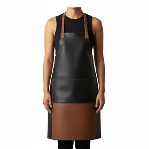 May include: A black and brown leather apron with two front pockets and brown leather straps. The apron is worn by a person. The apron is designed for kitchen or workshop use.