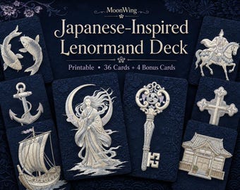 Japanese Lenormand Deck, Printable Digital Download, 36 Cards + 4 Bonus Cards, A4 PDF