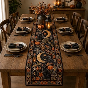 May include: A long rectangular table runner featuring a black background with a repeating pattern of black cats, crescent moons, pumpkins, autumn leaves, spiderwebs, and glass bottles. The runner is centered on a wooden dining table.