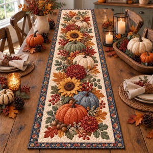 Camino de mesa retro de Halloween con patchwork, decoración de mesa con calabaza, gato negro, murciélago y caramelos de maíz, camino de mesa de otoño para Acción de Gracias.