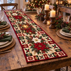 Christmas Quilted Table Runner, Winter Village Patchwork Runner, Farmhouse Holiday Table Decor, Christmas Dining Table Runner, Xmas Gift,