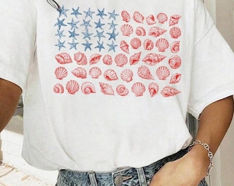 USA Coastal Shell Shirt, Patriotic Beach Lover Tee, Seashell American Flag Tee, Anniversary 4th of July Tee, 250 Years Shirt, USA 1776 Shirt
