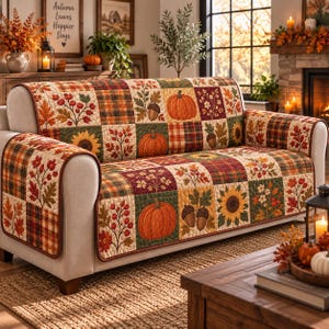 May include: A sofa cover featuring a patchwork design with autumn-themed motifs including orange pumpkins, brown acorns, yellow sunflowers, and red berries, interspersed with plaid squares in shades of red, orange, green, and brown.