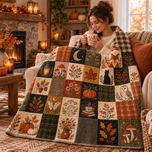 May include: A patchwork quilt featuring autumn-themed squares with illustrations of pumpkins, mushrooms, a fox, an owl, a black cat, a butterfly, a lantern, and foliage. The quilt has a warm color palette of orange, brown, green, and cream.
