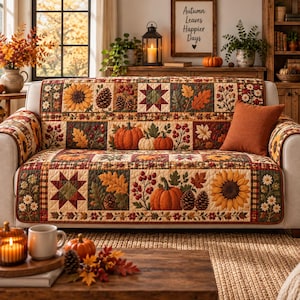 Könnte beinhalten: Ein gesteppter Sofabezug mit Patchwork-Design und herbstlichen Motiven wie Sonnenblumen, Kürbissen, Tannenzapfen, Beeren und Eichenblättern in Orange-, Braun-, Grün- und Gelbtönen. Ein einfarbiges, rostorangefarbenes Kissen liegt auf dem Sofa.