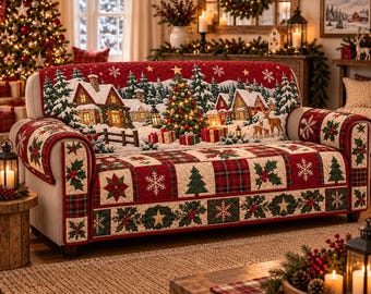 Christmas Quilted Sofa Cover, Winter Pet Couch Protector, Christmas Decor, Holiday Gift for Dog Mom, Christmas Living Room Decor