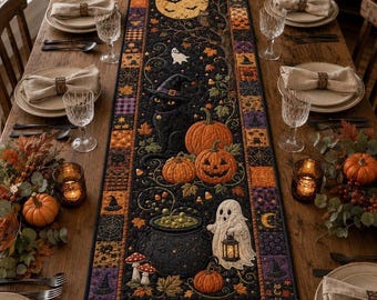 Quilted Halloween Table Runner, Spooky Black Cat & Ghost Dining Decor,  Halloween Decor, Table Runner