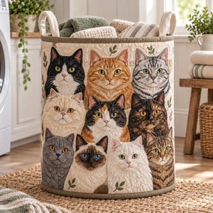 May include: A cylindrical fabric laundry hamper featuring a quilted exterior with a detailed print of nine different cat faces in various colours and patterns. The hamper has two sturdy fabric handles at the top and contains folded towels inside.