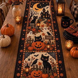 May include: A rectangular quilted table runner featuring a Halloween theme with black cats, orange pumpkins, ghosts, a haunted house, and a crescent moon. The design includes a wooden sign with the text BOO, autumn leaves, bats, and spiders on a black background.