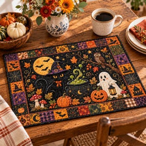 May include: A rectangular quilted placemat featuring a Halloween scene with a black cat in a witch hat, a ghost holding a lantern, a bubbling cauldron, pumpkins, an owl, and autumn leaves, all framed by a colorful patchwork border.