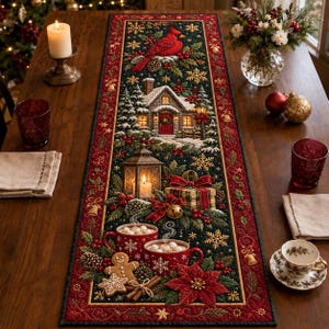 May include: A rectangular fabric table runner featuring a festive winter scene with a red cardinal, a snow-covered cottage, a lantern, a wrapped gift, two mugs of hot cocoa with marshmallows, a gingerbread man, and red poinsettia flowers.