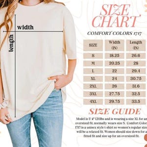 May include: A cream-colored t-shirt with a size chart and size guide. The size chart shows measurements in inches for width and length, ranging from size S to 4XL. The size guide provides information on fit and sizing.