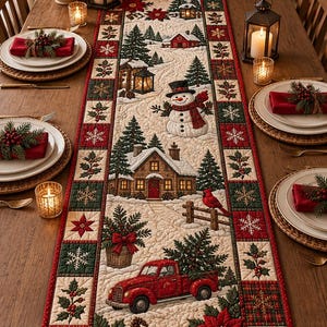 Christmas Quilted Table Runner, Winter Village Patchwork Runner, Farmhouse Holiday Table Decor, Christmas Dining Table Runner, Xmas Gift,