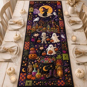 Puede incluir: Un camino de mesa rectangular con una escena de Halloween vibrante que muestra un gato negro, fantasmas, una momia, un vampiro, calabazas, un caldero y una linterna sobre un fondo morado oscuro, bordeado por un patrón de cuadros naranja y amarillo.
