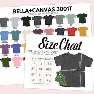 May include: A size chart and color options for Bella+Canvas 3001T toddler short sleeve tees. The chart shows measurements in inches for sizes 2T to 5T. Color options include Asphalt, Black, and Dusty Blue.