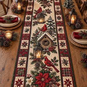 Puede incluir: Un camino de mesa acolchado rectangular con temática navideña que incluye cardenales rojos, faroles negros, una casita para pájaros, flores de pascua, piñas y ramas de pino. El borde presenta cuadrados de cuadros y estrellas.