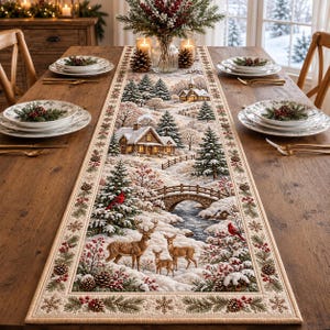 Könnte beinhalten: Ein rechteckiger Tischläufer mit einem Winterlandschaftsmotiv, das eine verschneite Hütte, eine Steinbrücke, Tannen und eine Hirschfamilie zeigt. Der Rand ist mit Tannenzapfen, roten Beeren und Schneeflocken auf cremefarbenem Grund verziert.