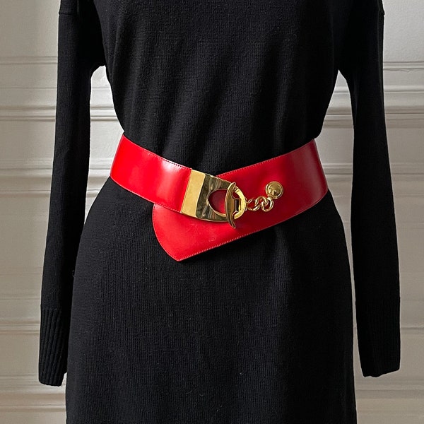 Vintage French red  gold  jewel belt leather