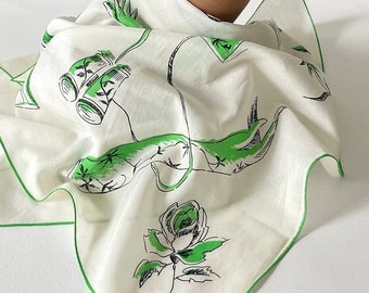 Vintage 60s scarf Green gloves illustration hand rolled rare pattern