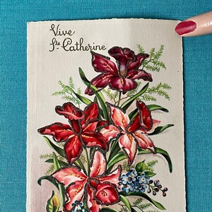Carte ancienne  Sainte-Catherine pailleté bouquet de fleurs 25 novembre !