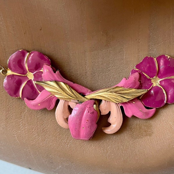 Collier vintage fleurs peintes à la main feuillage chaîne dorée
