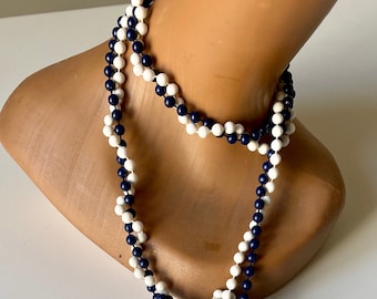 Vintage long necklace 80s plastic pearls Pompoms navy white Navy Girl