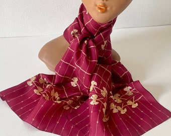 Sciarpa di seta francese vintage anni '70 fiori bordeaux