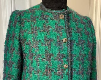 Vintage green tweed jacket - grey houndstooth - gold buttons