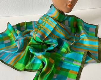 Foulard vintage 1960 patchwork géométrique vert et turquoise