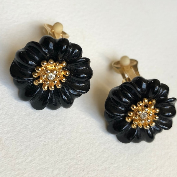 Vintage black Flowers Paris Clip on earrings  Gold flowers rhinestones 80s