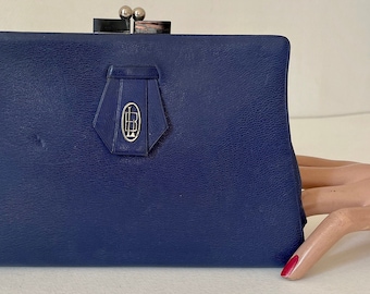 Pochette da festa Gatsby in pelle blu indaco Minaudière vintage anni '30 Dita retrò Monogramm pound