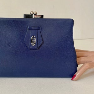 Vintage 1930er Jahre Minaudiere Indigo blaue Leder Gatsby Party Clutch Dita Retro Monogramm Pound Bild 1