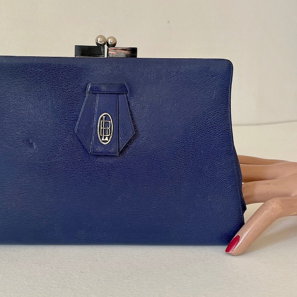 Sac Minaudière 1930 cuir bleu violet monogramme argenté LB