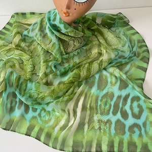 Vintage leopard snake skin silk green scarf  - green animal print -