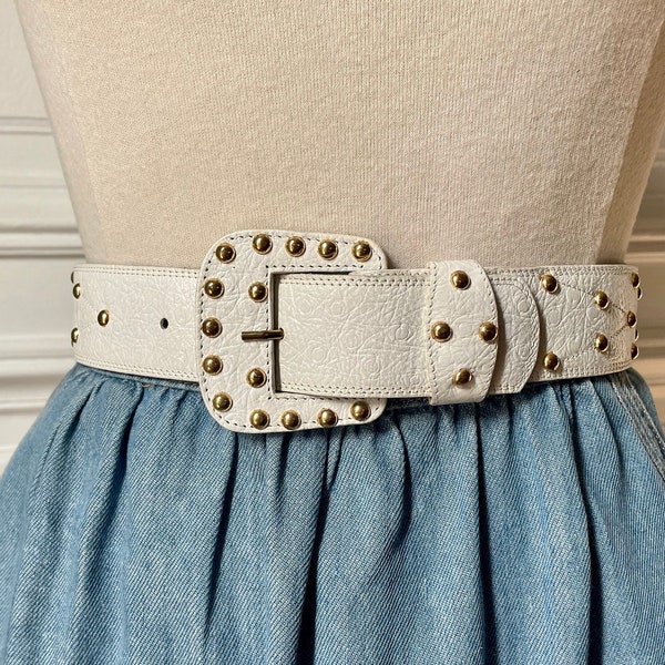 Ceinture vintage 1980   cuir blanc surpiqué clous dorés Made in France