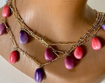 Vintage 70s ceramic necklace pink mauve pearls and gold chain