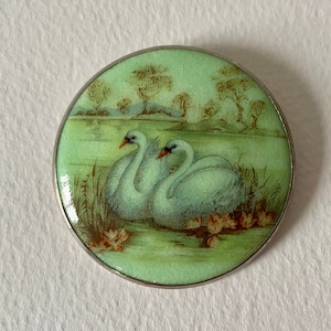 Vintage brooch pendant badge 80s green swans Michel Le Brun made in France NOS