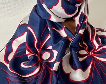 Foulard vintage 1960 motifs fleurs géantes marine rouges