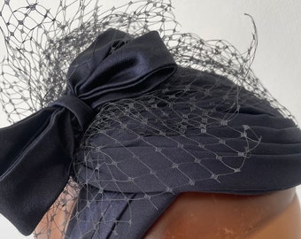 Vintage navy bow  fishnet hat French fashion made in France