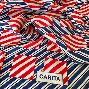 Vintage 1980s French Silk scarf. Red and navy geometrics CARITA - Pretty sailor