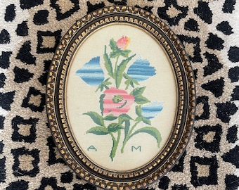 Vintage  French Floral Needle point tulip and Rose stripes effect Monogram AM