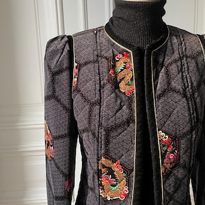 Vintage quilted jacket - black dragons pattern -  French fashion - Made In France - Rue saint Honoré