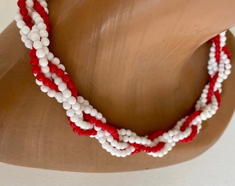 Vintage necklace white red porcelain pearls NOS