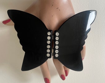 Boucle de ceinture vintage papillon noir et strass